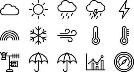 Naklejka premium Set of simple outline weather forecast icons.