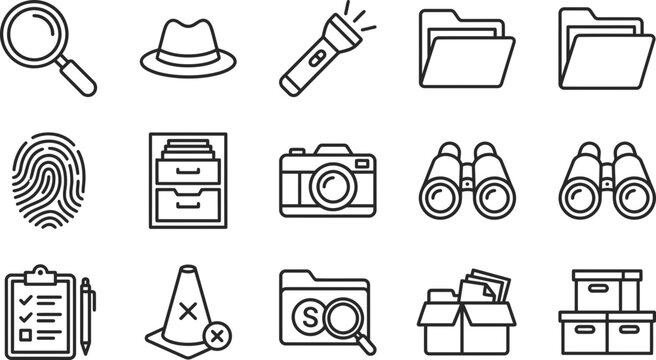 Set of black and white investigation and detective icons.