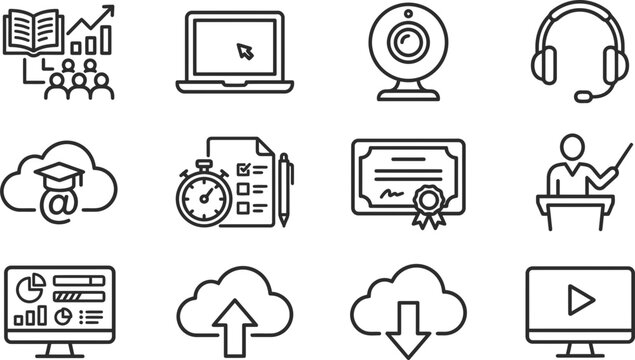 Set of outline icons for online education and e-learning technology.