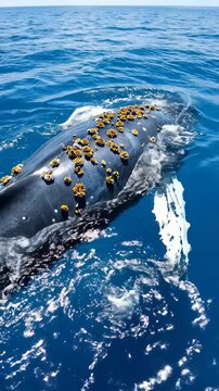 Close-up of a Humpback Whales head with barnacles in the ocean.