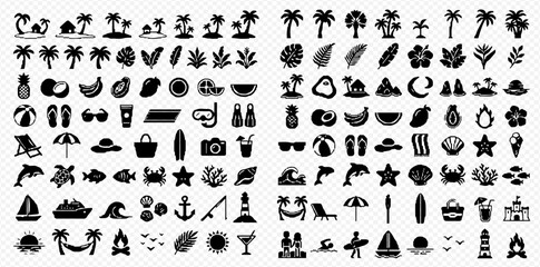 Set of various summer and beach themed icons in black silhouette style, perfect for vacation and travel designs. © Adji
