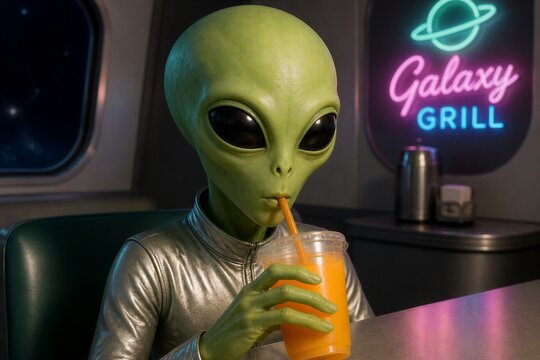 Alien sips orange drink through straw. Green-skinned being wears metallic jacket. Neon sign glows behind with galaxy motif. Dining area has dark, futuristic ambiance