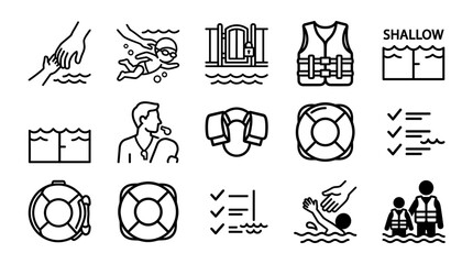 Fototapeta premium Lifeguard Equipment and Water Rescue Gear Outline Icon Vector Set