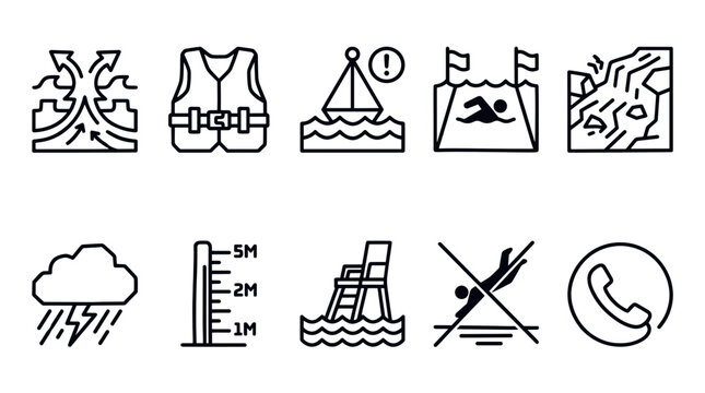 Swimming Pool Safety Guidelines Outline Icon Vector Set