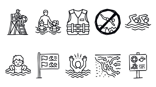 Lifeguard Safety and Water Rescue Outline Icon Vector Set