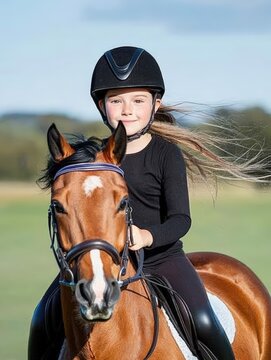 A young girl riding a chestnut horse in an open field