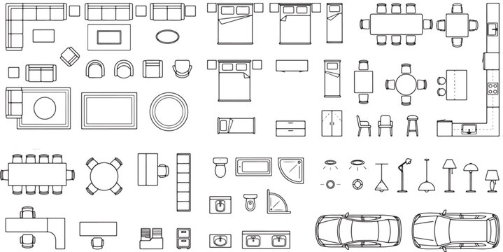 Architectural furniture symbols set for floor plan design featuring top view interior elements in vector format