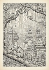 Obraz premium Detailed Black and White Illustration of Monkeys in a Tropical Jungle with Ancient Temple Ruins
