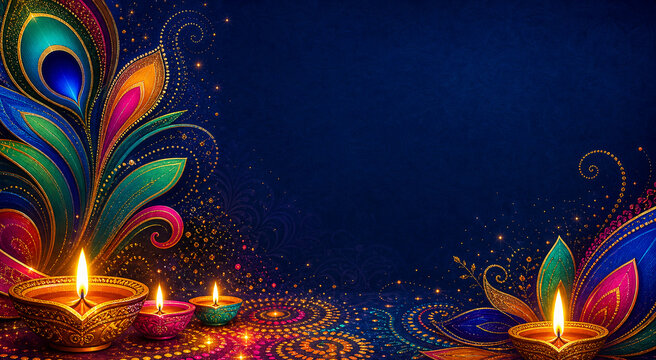 Colorful Diwali Banner with Peacock Rangoli and Diyas