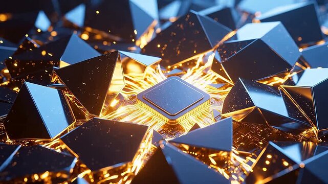 Golden chip floating with blue geometric shards