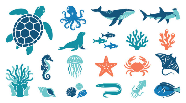 Vector Set of Flat Style Marine Animals and Sea Life Icons