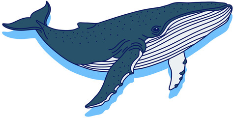 A cartoon image of a large and majestic humpback whale, a marine mammal © SasubuArt