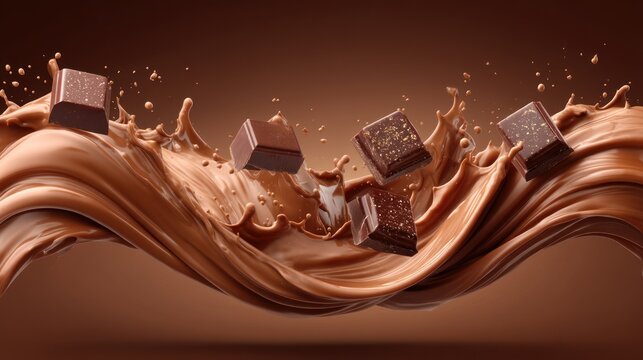 Chocolate cubes falling into chocolate liquid splash