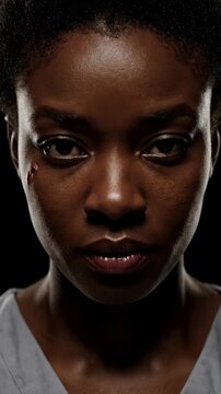 Close-up Portrait of a Young Black Woman with Intense Gaze.