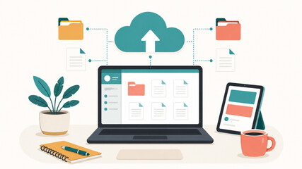 Fototapeta premium A modern workspace with a laptop and tablet, illustrating cloud data synchronization and file management.