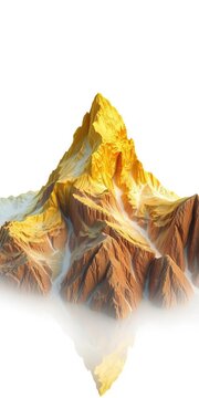 Golden treasure mountain forming on a pure white background, shiny, valuable