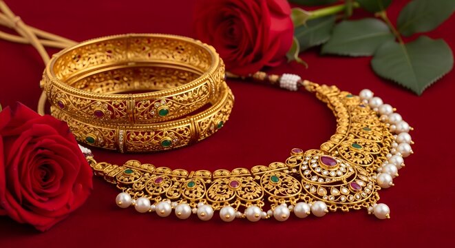 Traditional Indian Gold Jewelry Set with Red Roses and Pearls