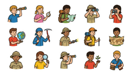 Fototapeta premium Cartoon Vector Illustration of Young Explorers Kids Engaging in Science, Education, and Adventure Activities