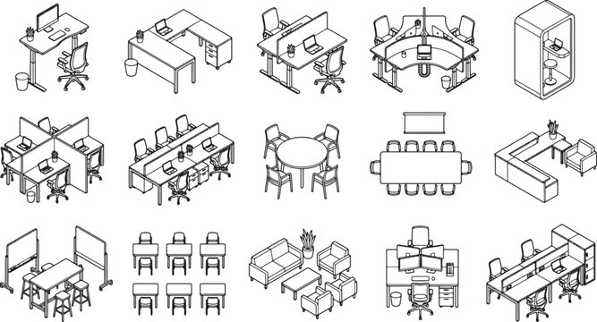 Isometric office furniture set with desks chairs and meeting tables in a clean black line art style