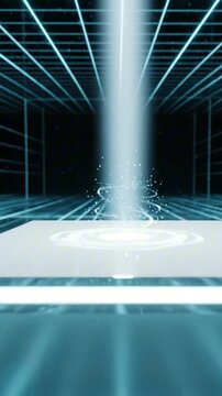 Futuristic neon grid room with glowing table and digital space environment