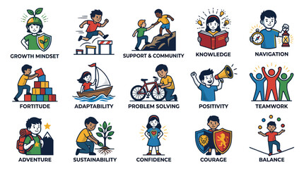 Fototapeta premium Kids Icons Set: Growth Mindset, Teamwork, Knowledge, Adventure, Courage