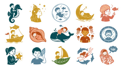 Fototapeta premium Children's Ocean Dreams Marine Adventure Stylized Vector Illustration Set