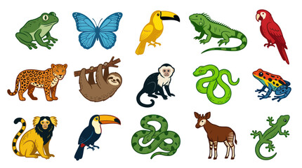 Fototapeta premium Flat Vector Illustration of Diverse Exotic Animals in Amazon Rainforest