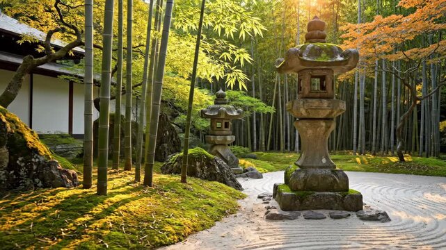 Tranquil Japanese Garden with Stone Lanterns and Bamboo.