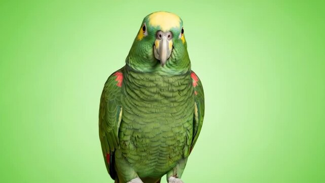 A vibrant yellow-crowned amazon parrot portrait against a solid green background