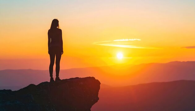 Silhouette of a Woman Standing on a Cliff Overlooking a Sunrise.