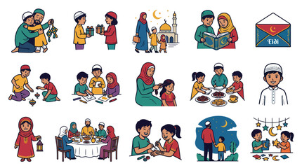 Fototapeta premium Flat Vector Illustration of Muslim Families Celebrating Eid Mubarak, Happy Islamic Holiday Festival Scenes