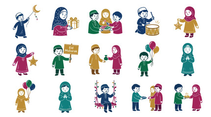 Fototapeta premium Eid Mubarak Muslim children celebrating with gifts, balloons, drum, and swings
