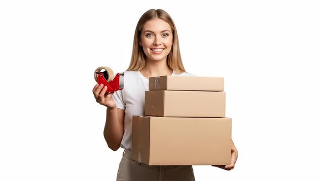 Excited woman holding a stack of cardboard boxes and a tape dispenser tool