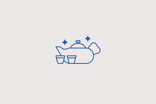 Teapot with cups line icon for tea ceremony. Vector illustration for restaurant menu, cafe shop, spa salon relaxation zone.