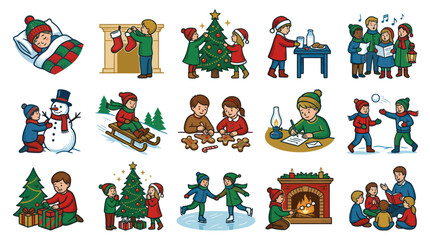 Fototapeta premium Christmas and Winter Holidays Hand-Drawn Cartoon Illustration Set with Children Enjoying Seasonal Activities