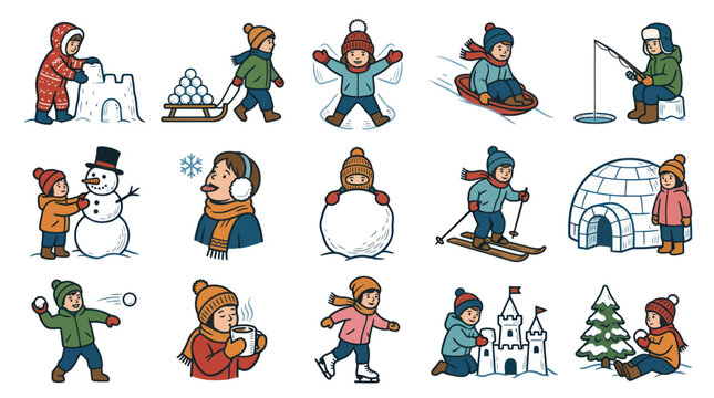 Children Playing in Snow: Winter Activities Vector Set, Flat Style