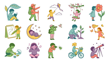 Fototapeta premium Collection of cute hand-drawn cartoon vector illustrations depicting children's learning and outdoor activities