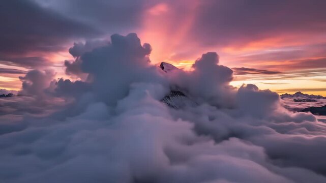 Majestic Mountain Peak Emerging from Clouds at Sunrise.