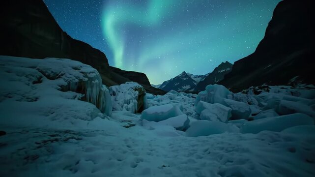 Wide angle view of a frozen canyon with massive blue ice blocks and snow at night under a starry sky featuring the green aurora borealis and high mountain peaks.