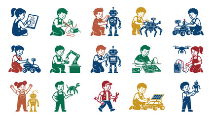 Naklejka premium Children Robotics STEM Education Flat Vector Icons - Kids Building Robots, Drones, and Electronic Projects