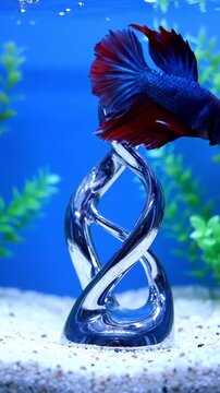 Betta Fish Swims Around a DNA Sculpture in Aquarium.