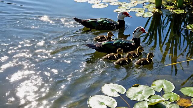 A Muscovy Duck Family Swims Together in a Pond.