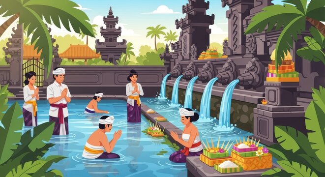Traditional Balinese Hindu Purification Ritual at Tirta Empul Holy Water Temple Illustration with People Praying and Bathing