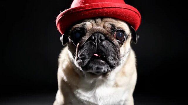 Adorable Pug Dog Wearing a Red Hat.