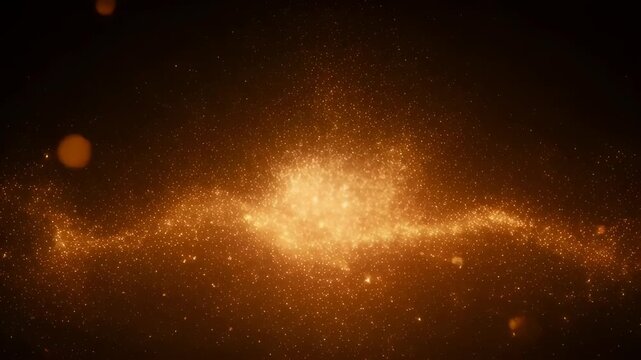 Abstract animation background with glowing golden particle cloud, orange dust swirl, bright center, dark space backdrop, radiant dust wave, soft light, dreamy cosmic glow for SEO friendly upload title