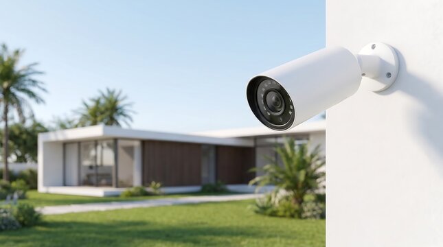 White bullet style security camera attached to white wall of modern luxury home with tropical palm trees and blue sky background for residential safety and monitoring