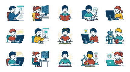 Fototapeta premium Kids Education Flat Vector Illustrations: Children Learning, Studying, and Engaging with Technology and STEM