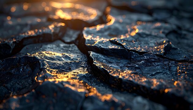 Cracked earth with golden sunlight reflection.