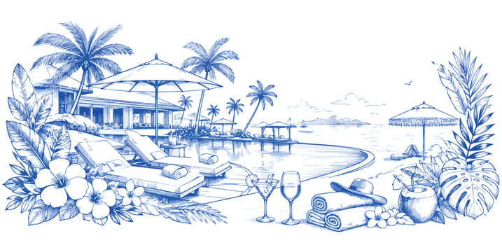 Vintage tropical resort sketch, luxury beach hotel with swimming pool and palm trees, blue ink hand drawn summer vacation landscape vector