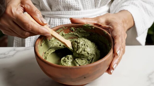 Woman Preparing Natural Face Mask in Bowl.